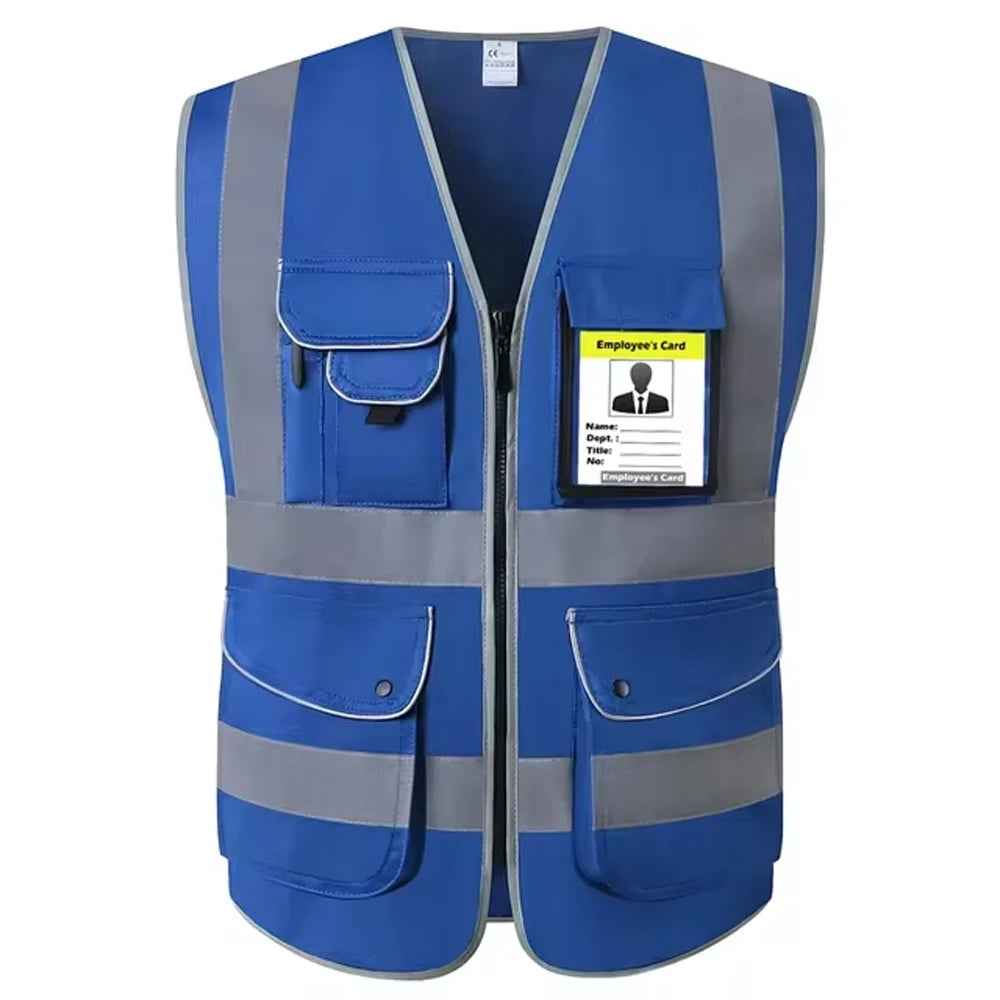 Blue multi-pocket safety vest with reflective stripes and ID holder for high visibility in work environments.