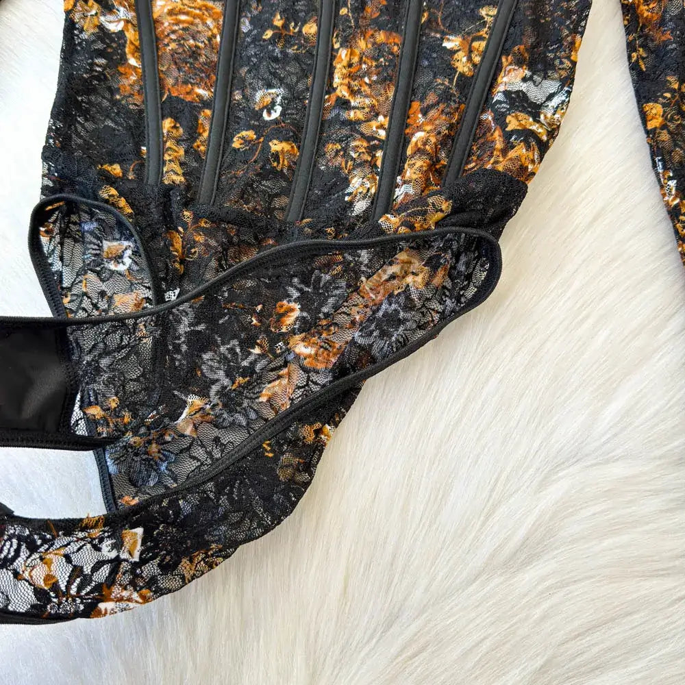 Women Square Neck Mesh Print Bodysuit