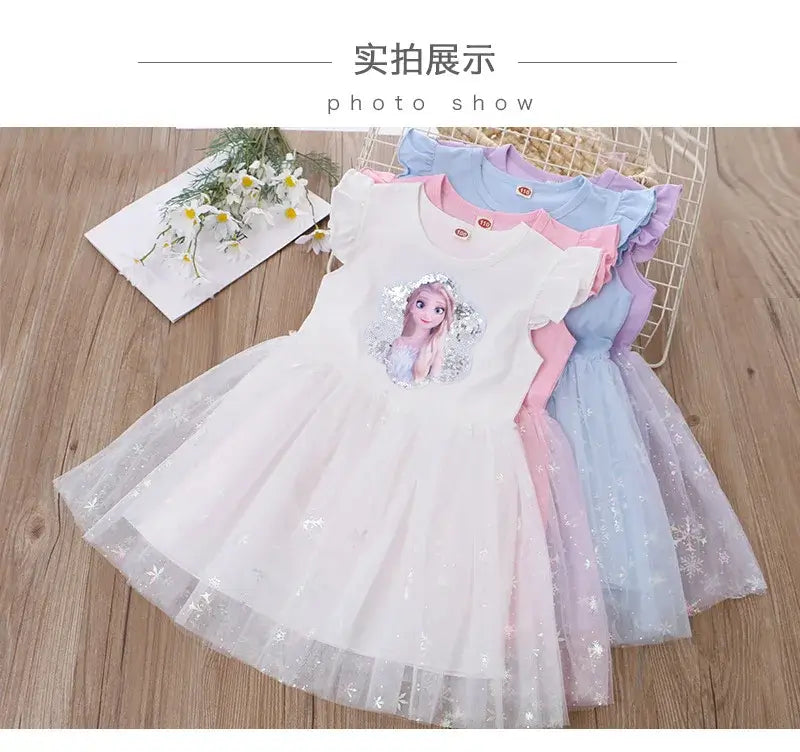 Girls summer princess dresses in pink, blue, and lavender with a cartoon character design, made from cotton and mesh.