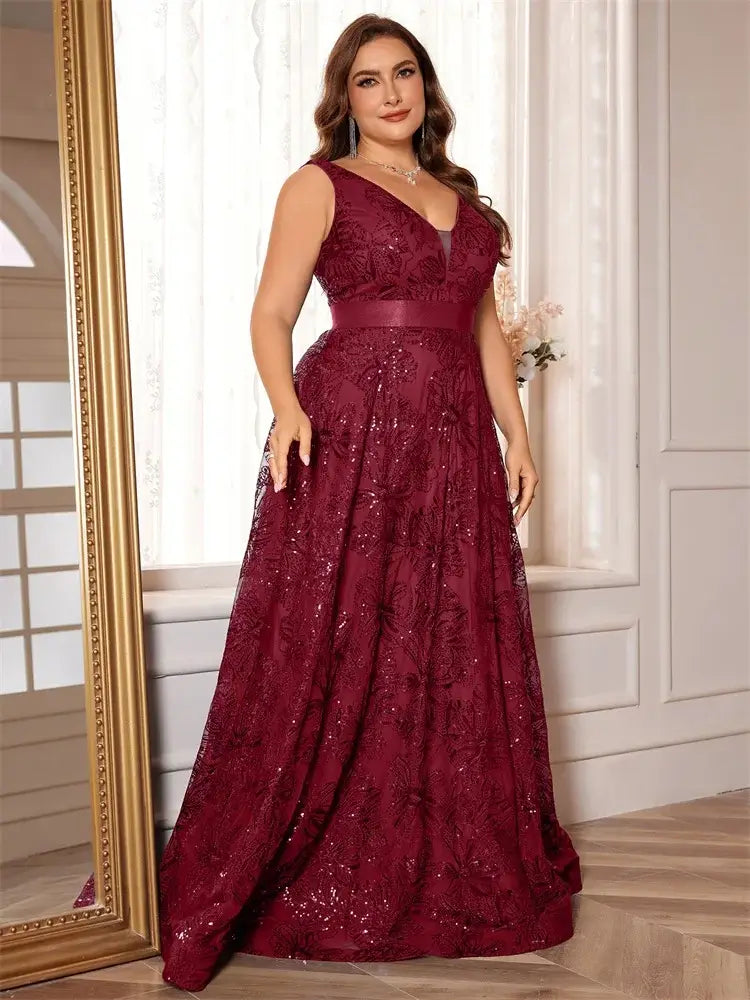 Women Plus Size V-Back Sequin Evening Cocktail Dress