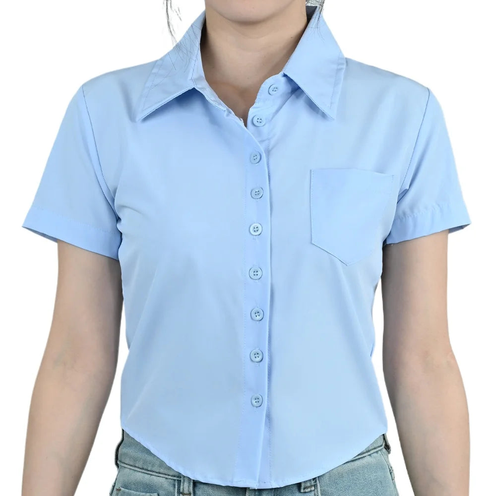 LapelCurve™ slim fit short sleeve blouse in light blue, featuring a turn-down collar and front pocket, perfect for professional wear.