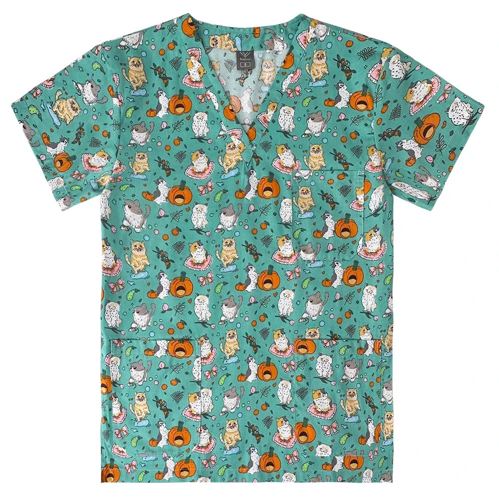 Women’s hospital nurse scrubs in twill fabric with colorful animal and pumpkin print, perfect for medical and salon use.