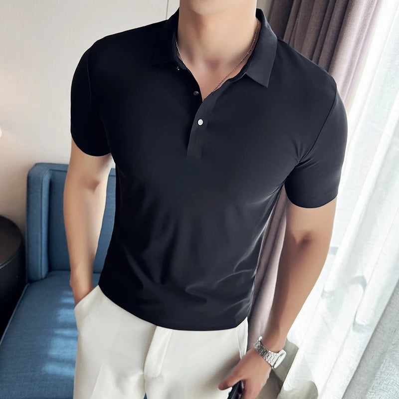 Men Ice Silk Polo Shirt Brown Top