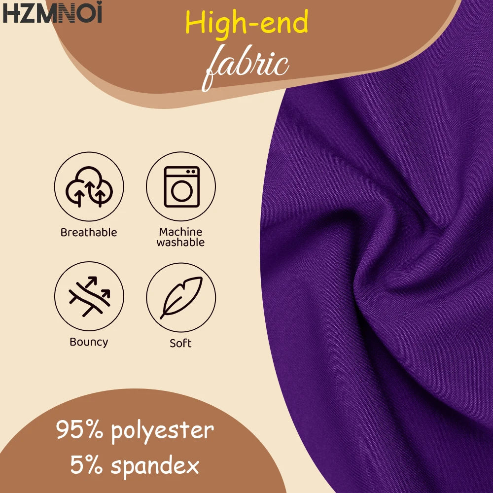 High-end fabric features for HZMNOI scrubs: breathable, machine washable, bouncy, soft; made of 95% polyester, 5% spandex.