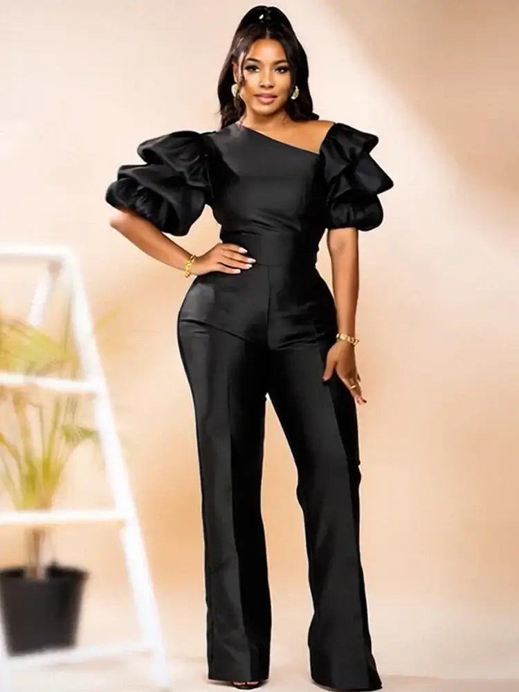 Women Satin Puff Sleeve Party Jumpsuit