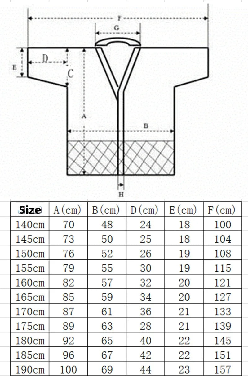 Size chart for Kendo Hakama Kimono including measurements for girls, men, and women in centimeters.