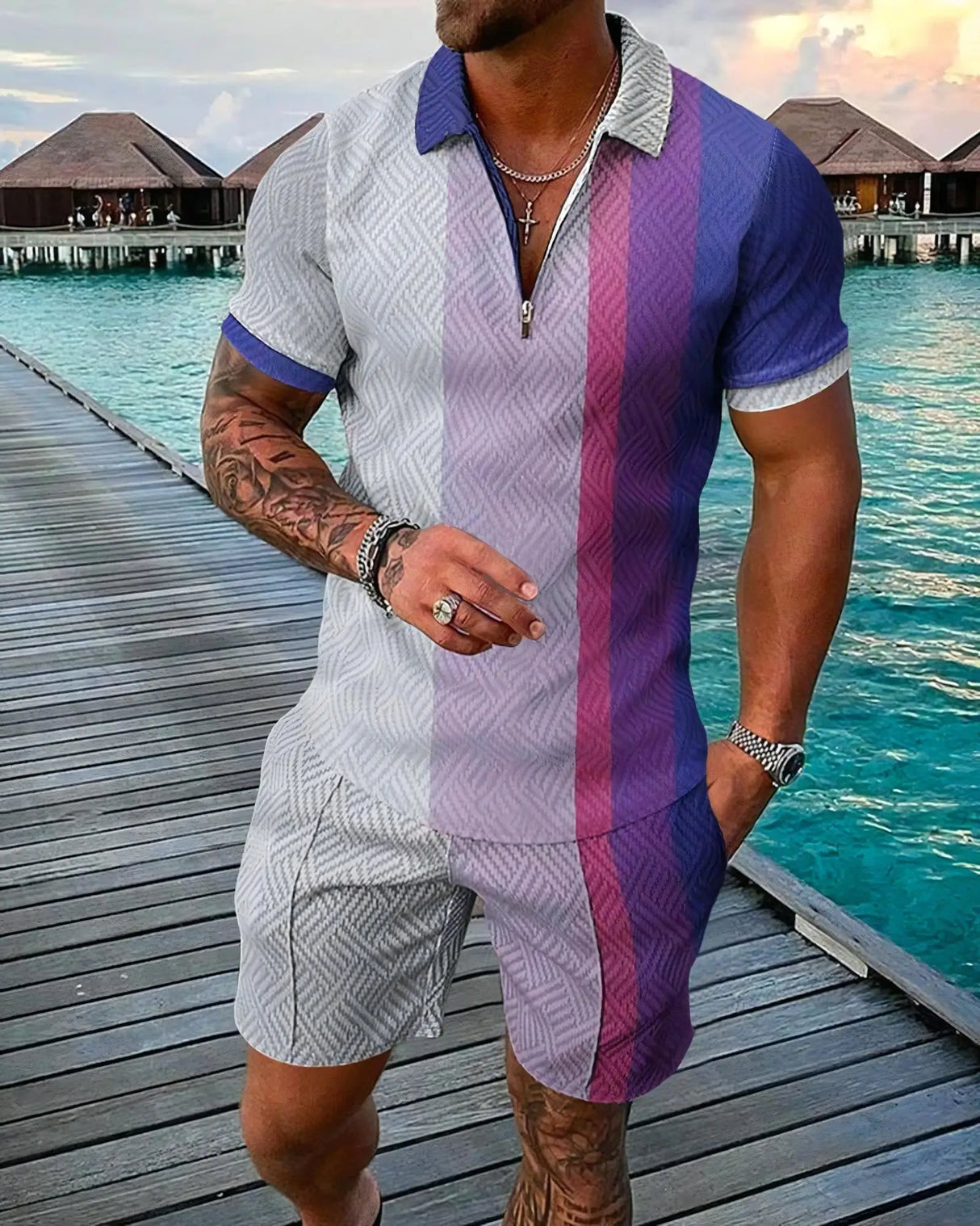 Men 3D Print Polo Shorts Set