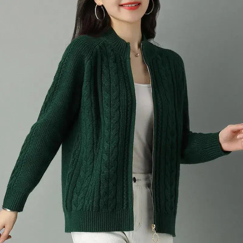 Women Zipper High Collar Knit Cardigan
