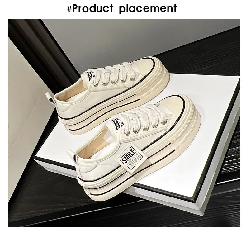 Women Canvas Shoes Black White Platform Sneakers