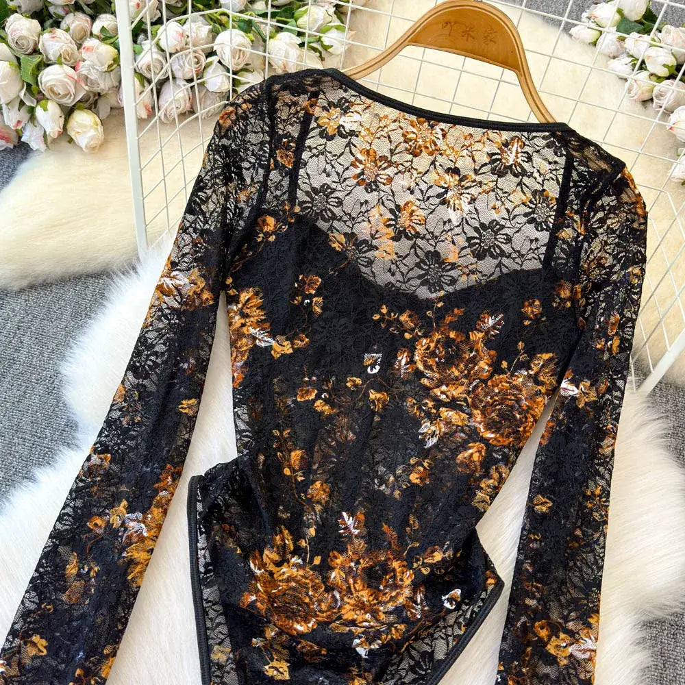 Women Square Neck Mesh Print Bodysuit