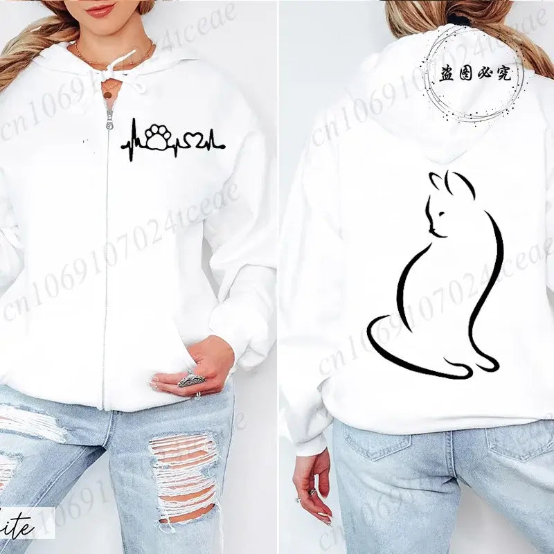 Women Cat Print Zip Hoodie Jacket Streetwear Coat