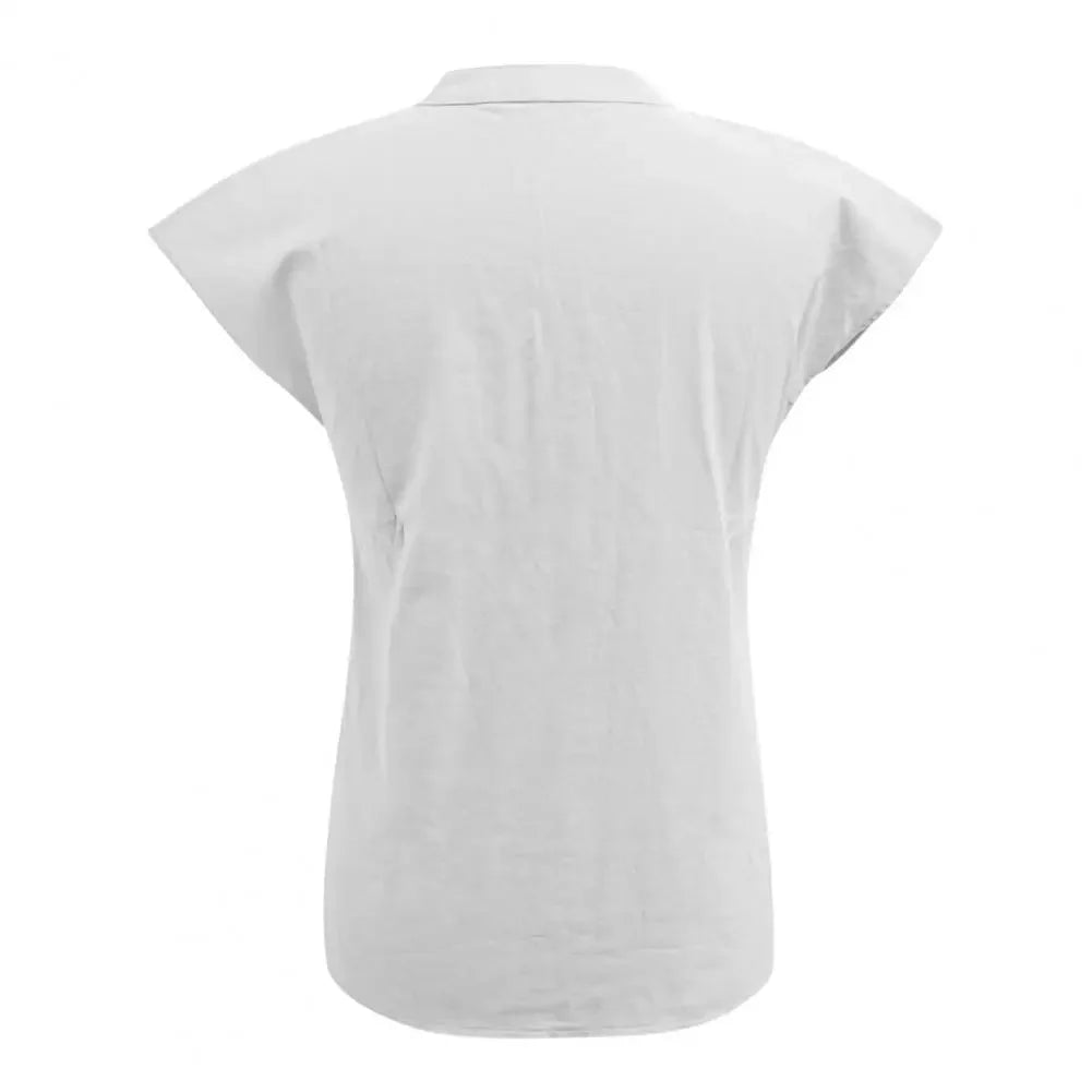 Back view of BreezyLuxe™ Cotton Linen V-Neck Blouse in solid color, featuring cap sleeves and regular fit.