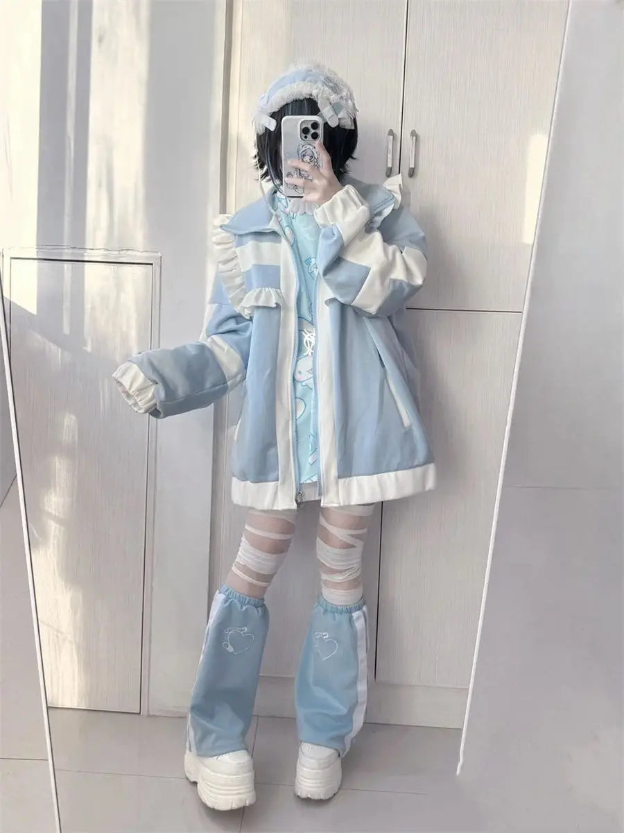 Japanese Patchwork Oversized Women's Coat – Y2K Lolita Ruffle Jacket