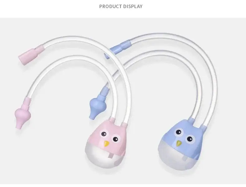 Nasal aspirator for infants in pink and blue, featuring cartoon designs and silicone material.