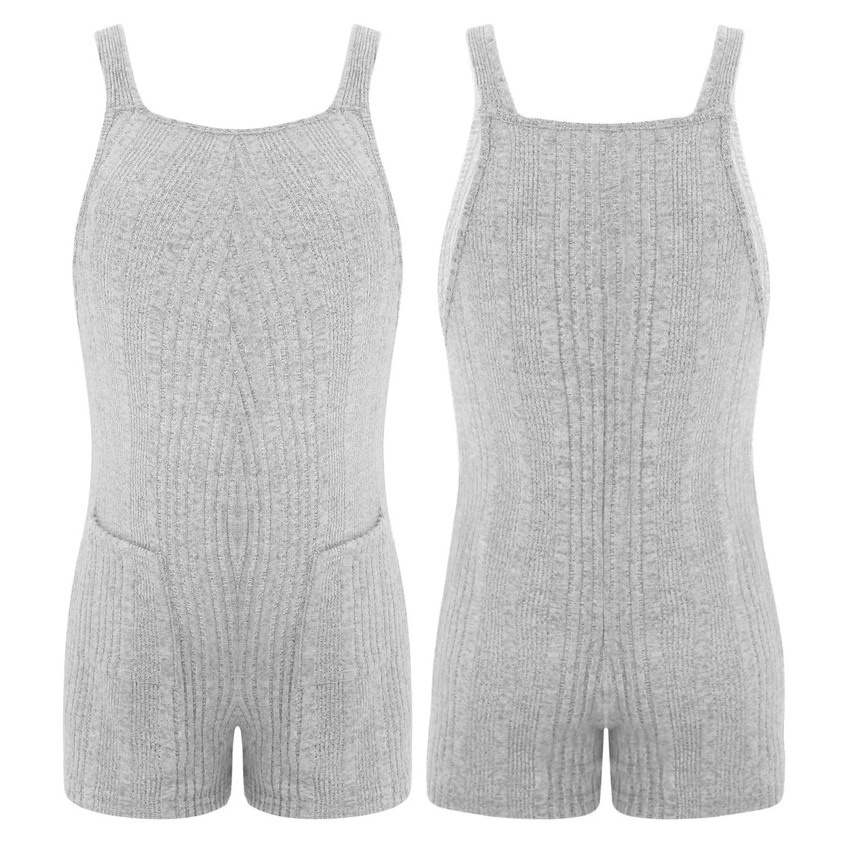Sleeveless ribbed maternity jumpsuit in grey, featuring a loose fit and made from comfortable cotton and spandex for summer wear.