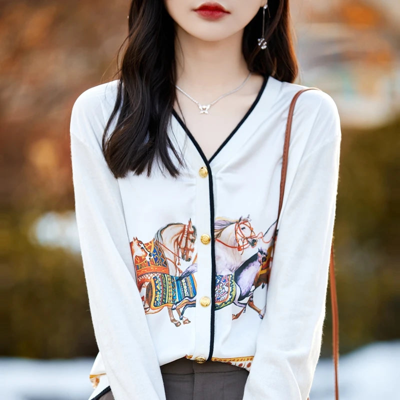 Women's Printed Stitching Wool Cardigan