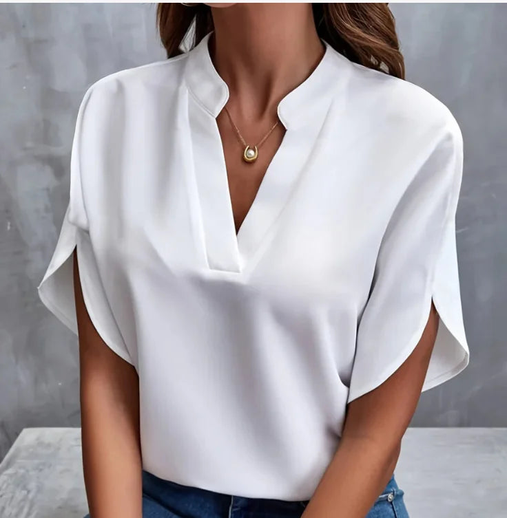 Women Solid V-Neck Short Sleeve Blouse