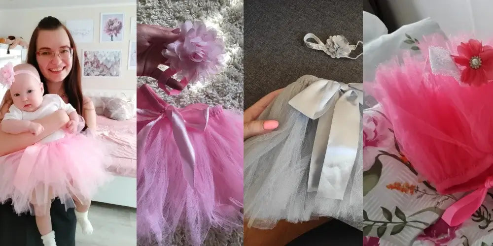 Infant suit headband set featuring baby girl in a pink tutu, floral headband, and satin ribbons, ideal for newborn photos.
