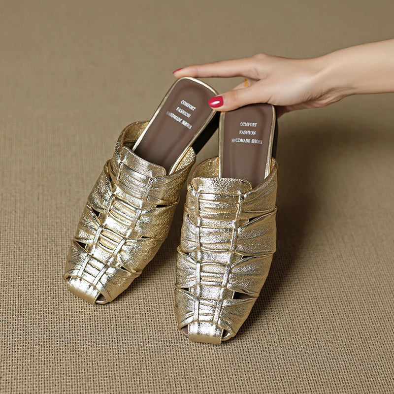 Women Mules Leather Block Heel Sandals