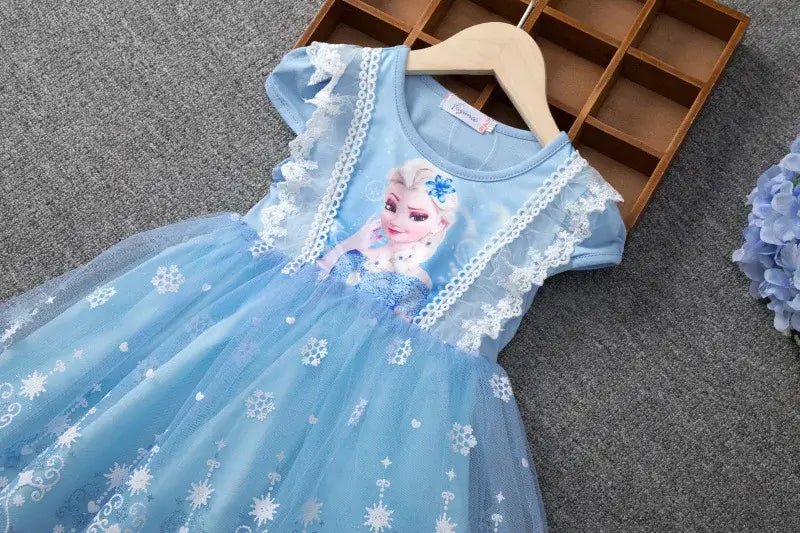 Girls Summer Flying Sleeve Dress featuring a cartoon design with a princess in a blue knee-length tulle skirt.