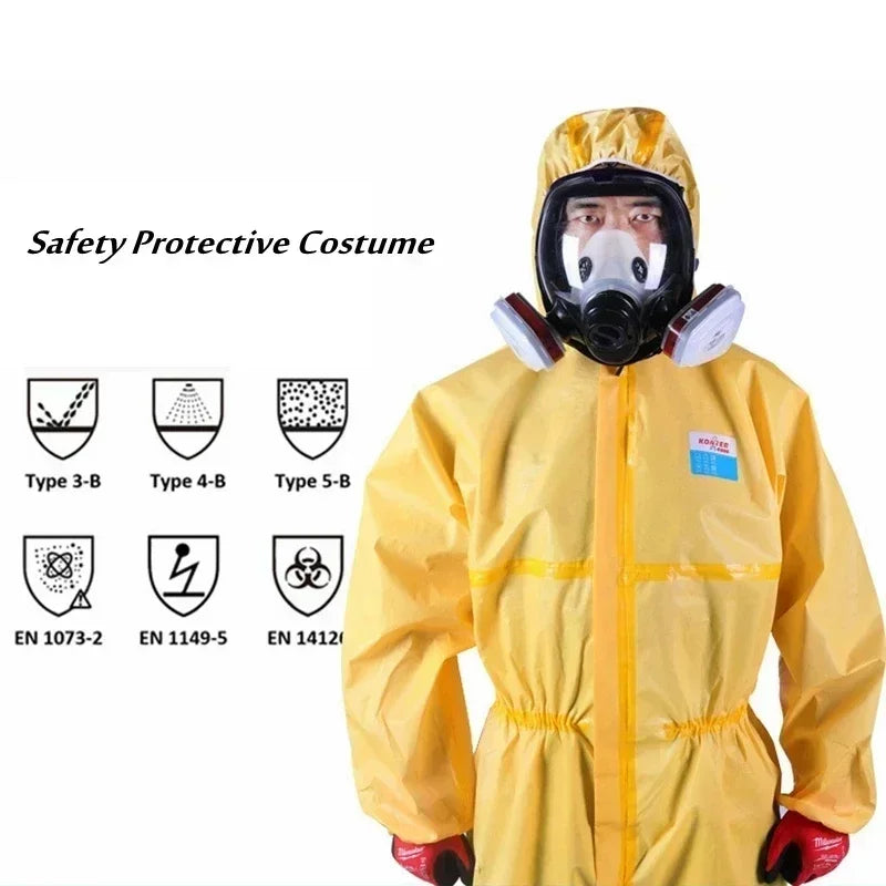 Safety protective costume featuring a yellow protective suit and respiratory mask, compliant with industry safety standards.