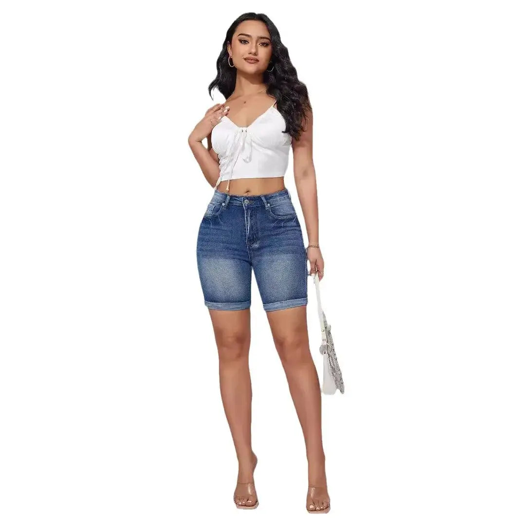 Women High Waist Knee Length Denim Shorts