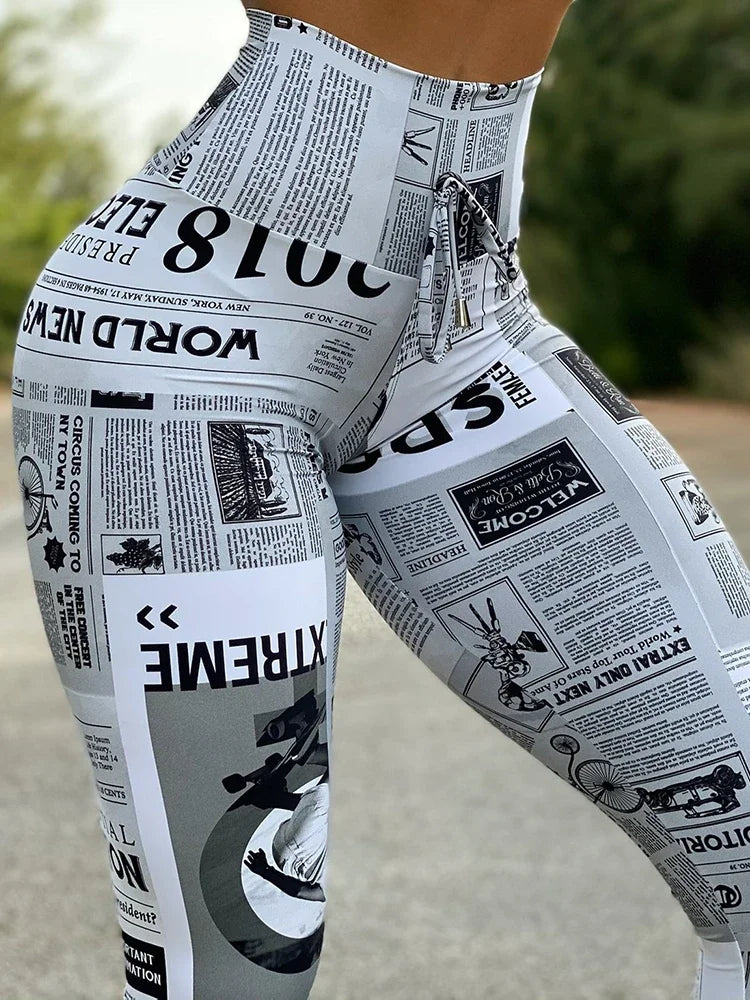 Women Newspaper Print Lifting Pants