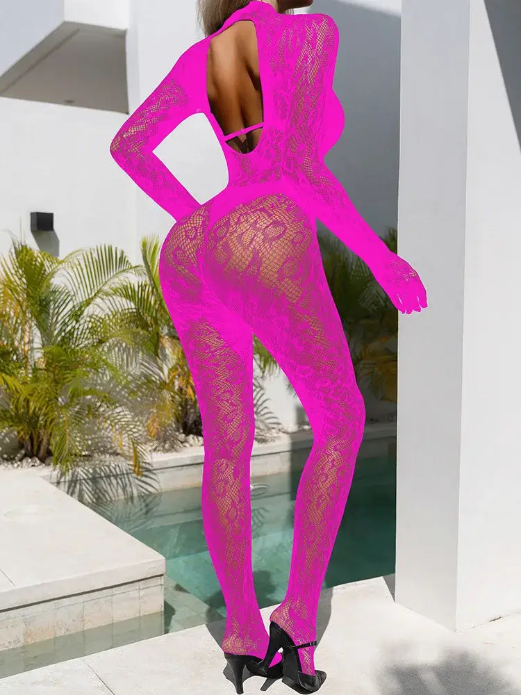 Women Lace Fishnet Long Sleeve Jumpsuit
