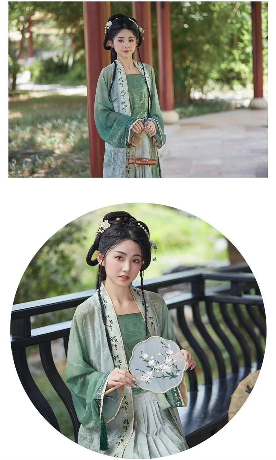 Elegant woman in green Hanfu cosplay dress holding a decorative fan, showcasing traditional Chinese style.