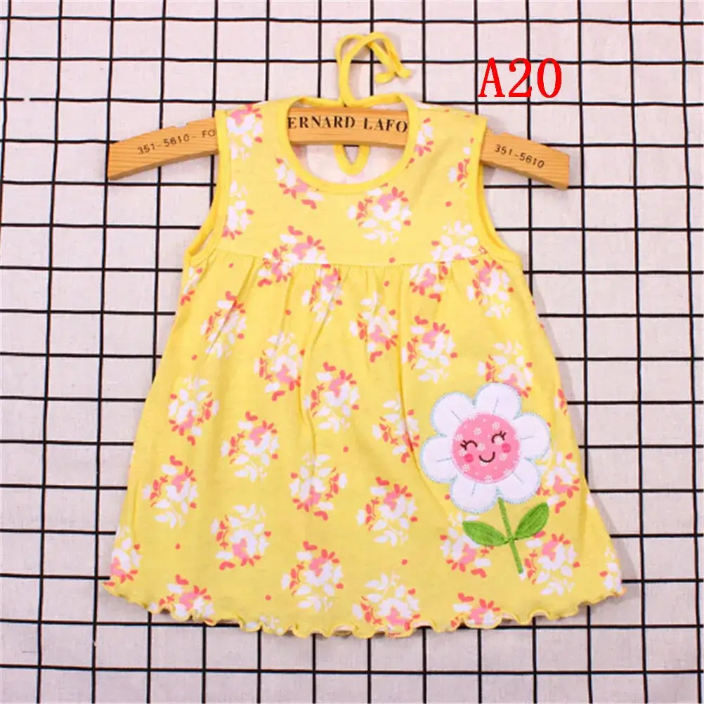 Newborn cotton flower sleeveless dress in yellow, perfect for baby girls aged 0-2 years, featuring a cute floral design.