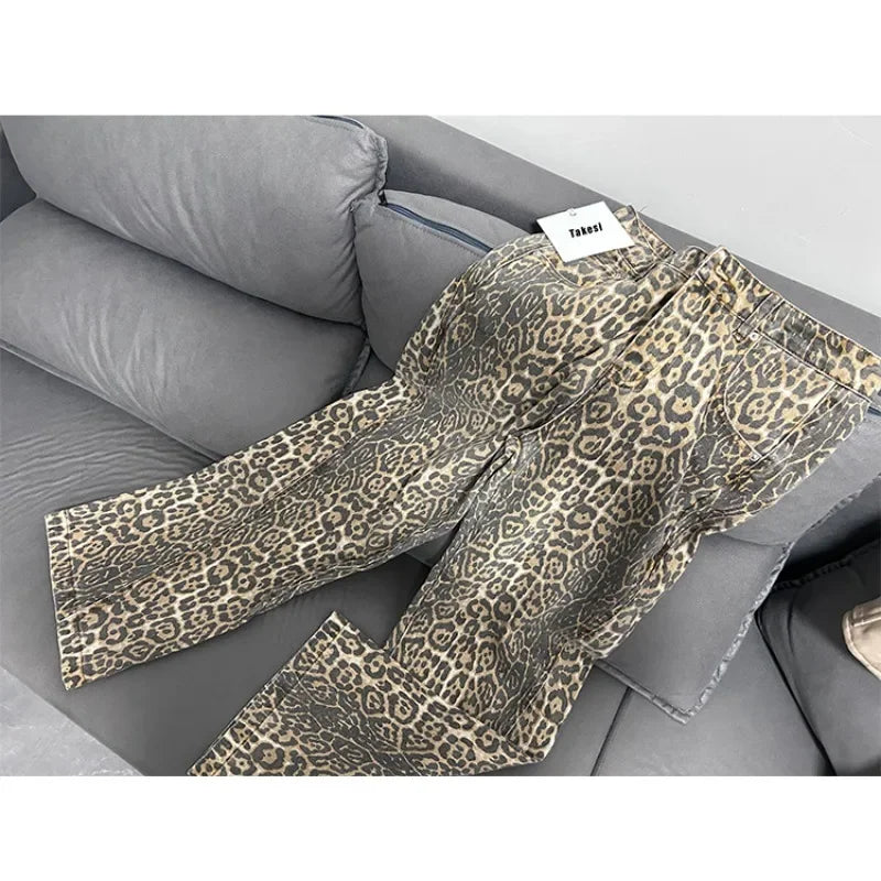 Leopard Print Retro Baggy Denim Pants