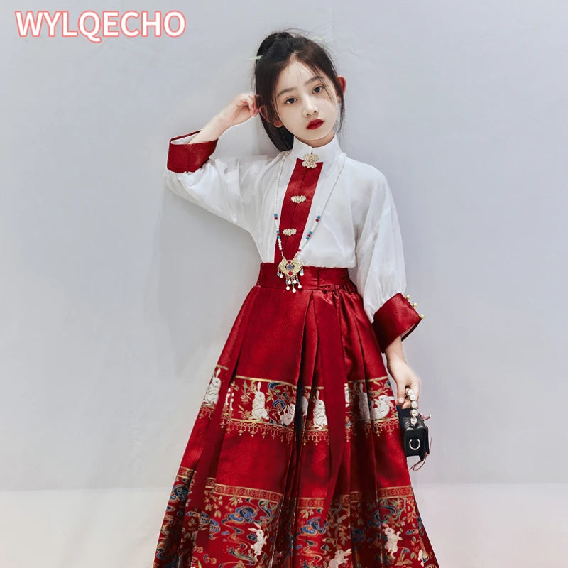 Summer Hanfu girls dress featuring a white top and embroidered red skirt, perfect for festive occasions.