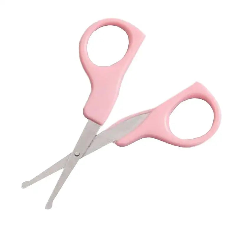 Newborn baby nail scissors with pink handles designed for safe and easy trimming of baby's nails.