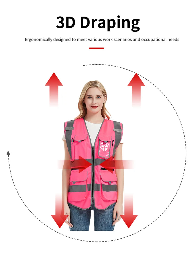 High visibility pink safety vest for women, designed with 3D draping for comfort and functionality in various work scenarios.