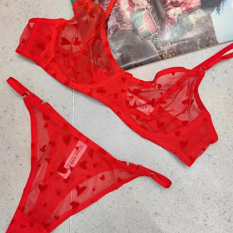Women Mesh Heart Lingerie Set