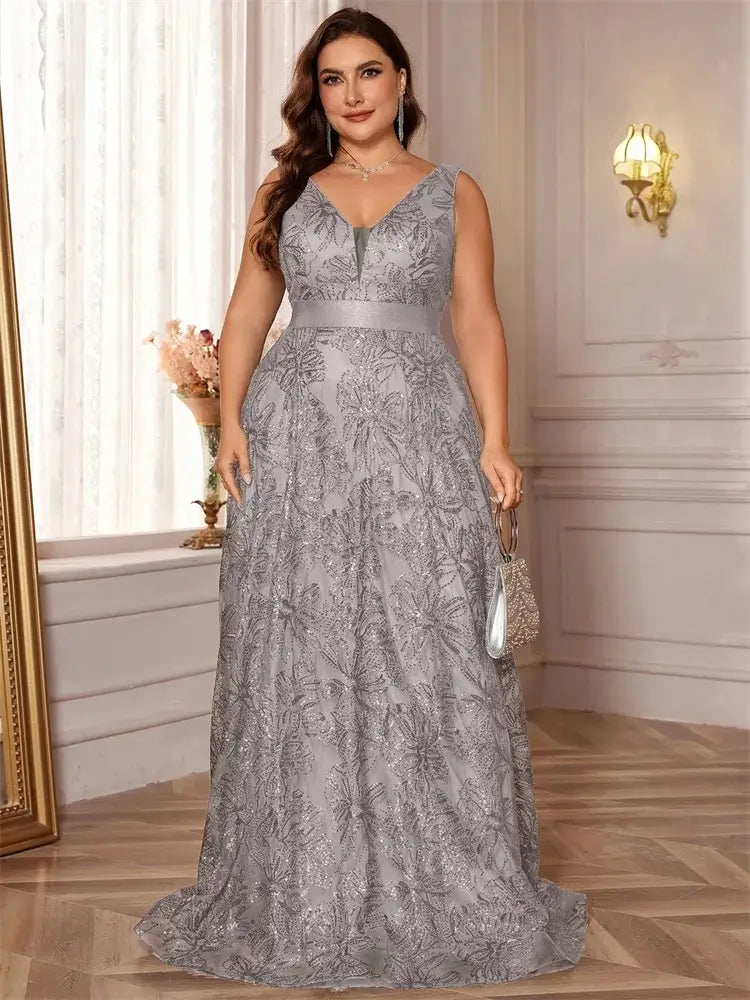 Women Plus Size Sequin Evening Dress Deep V Prom Gown