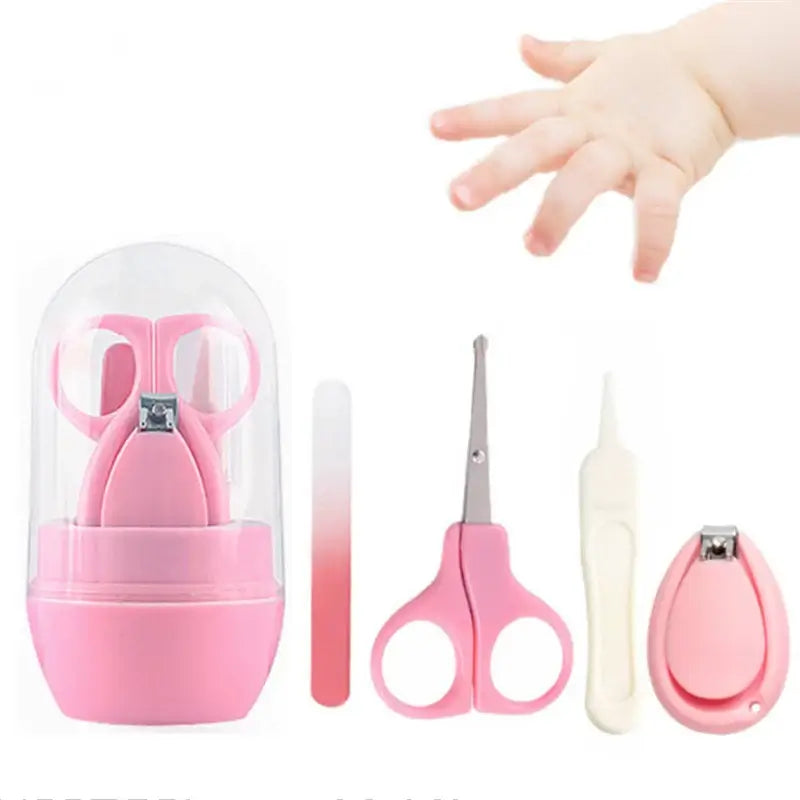Newborn baby nail scissors set in pink, including clippers and trimmers, perfect for safe grooming of infants.