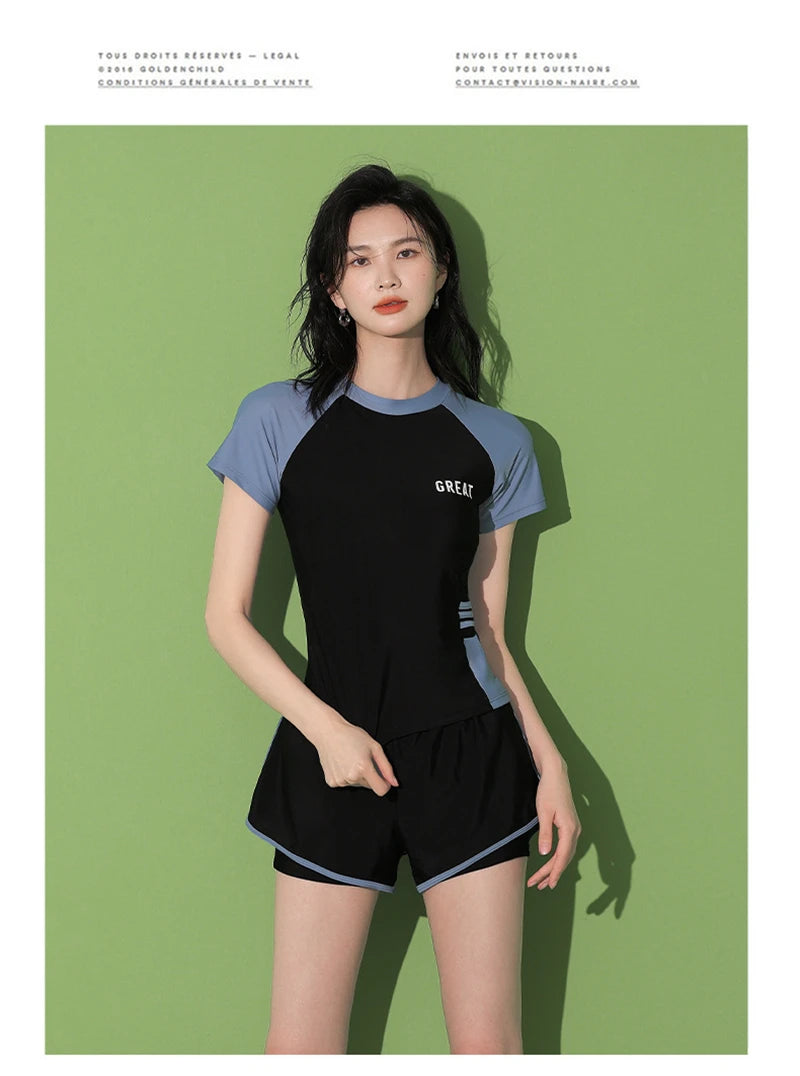 Women Patchwork Short Sleeve Swimsuit