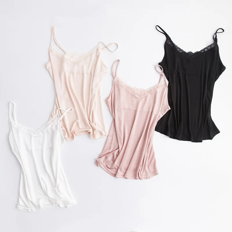 Set of four LuxeLace silk camisole tank tops in white, pink, beige, and black showcasing a stylish v-neck design.