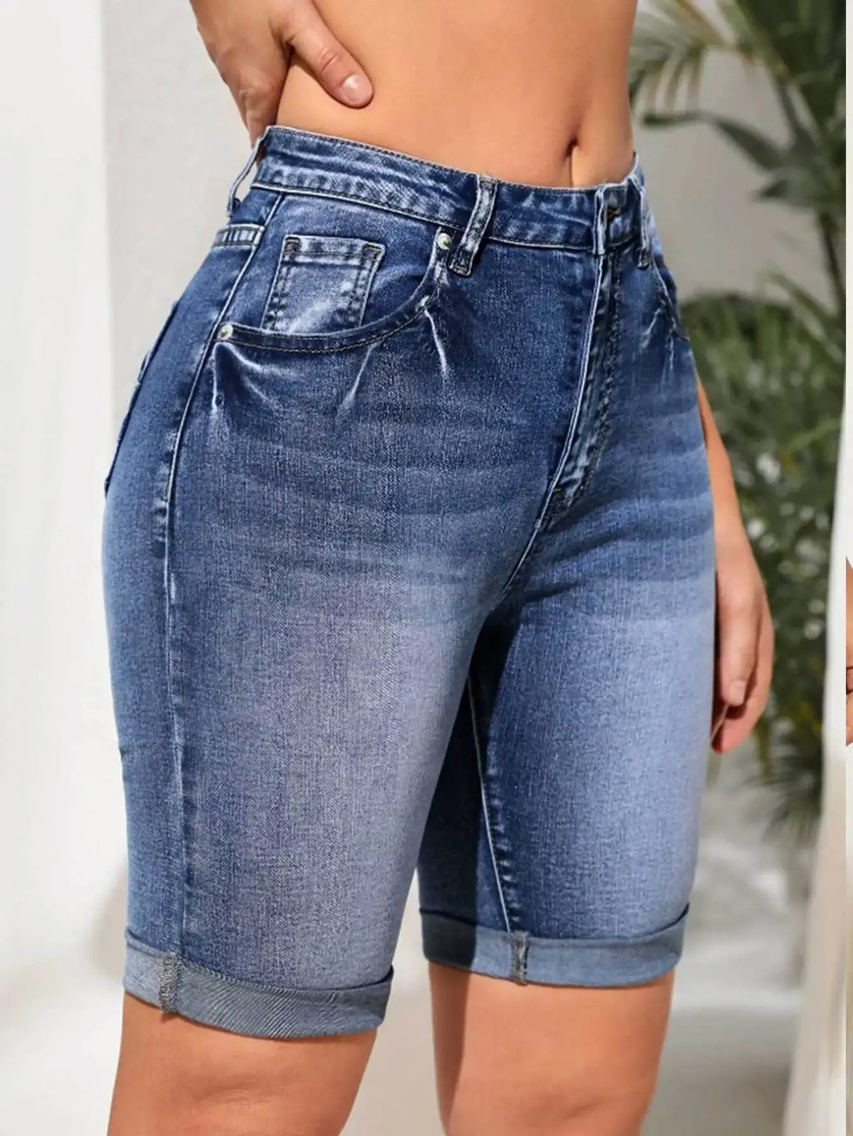 Women High Waist Knee Length Denim Shorts