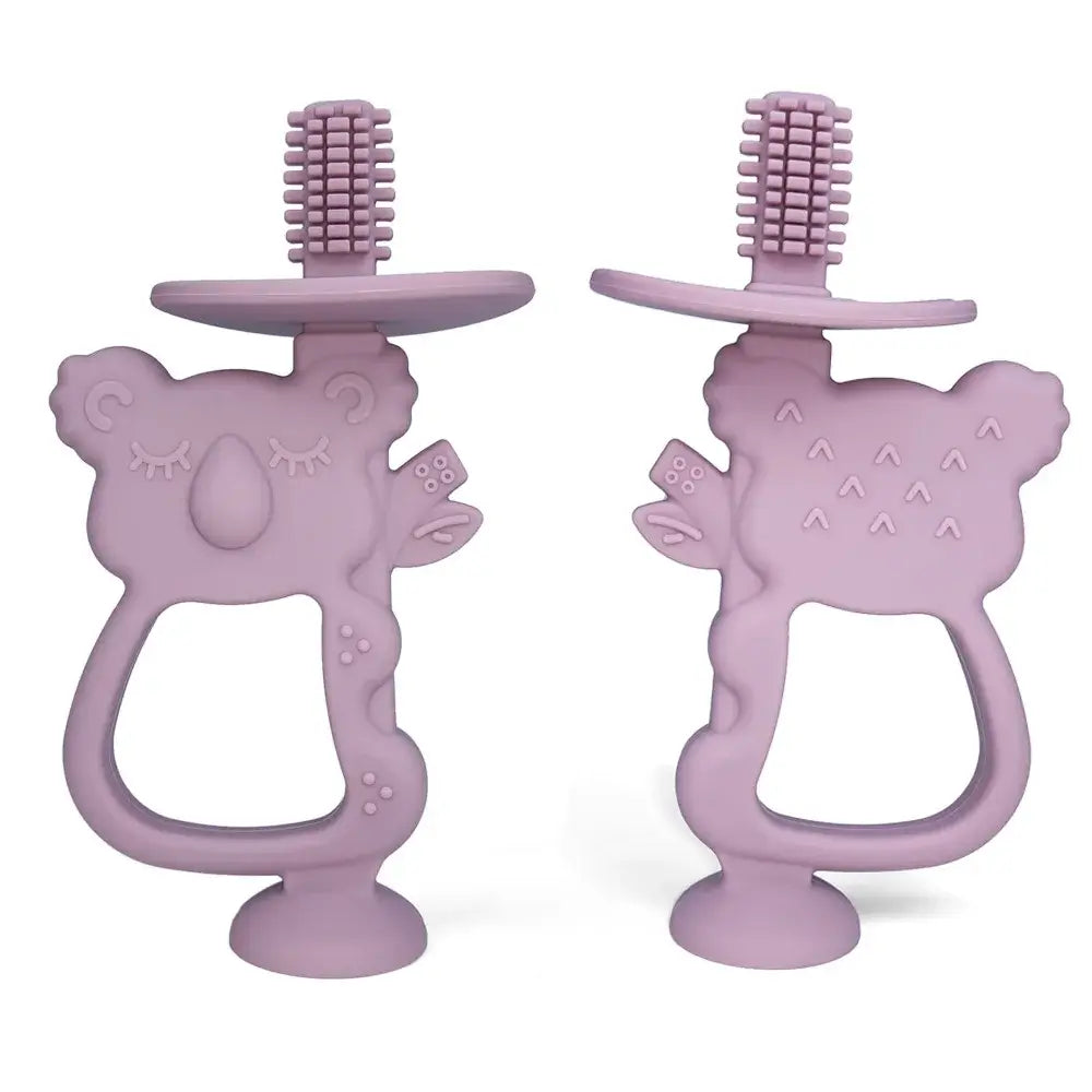 Baby teether gloves in cute koala design, made from soft, non-toxic silicone for soothing teething pain.
