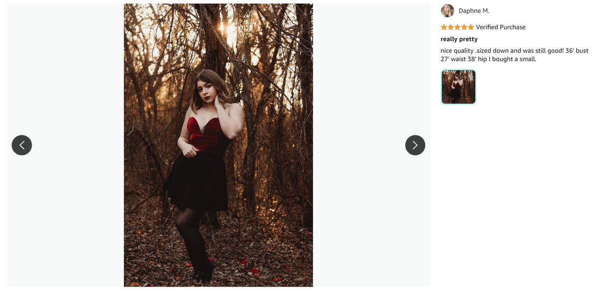 Woman wearing a stylish dress in a forest setting, showcasing a trendy autumn look.