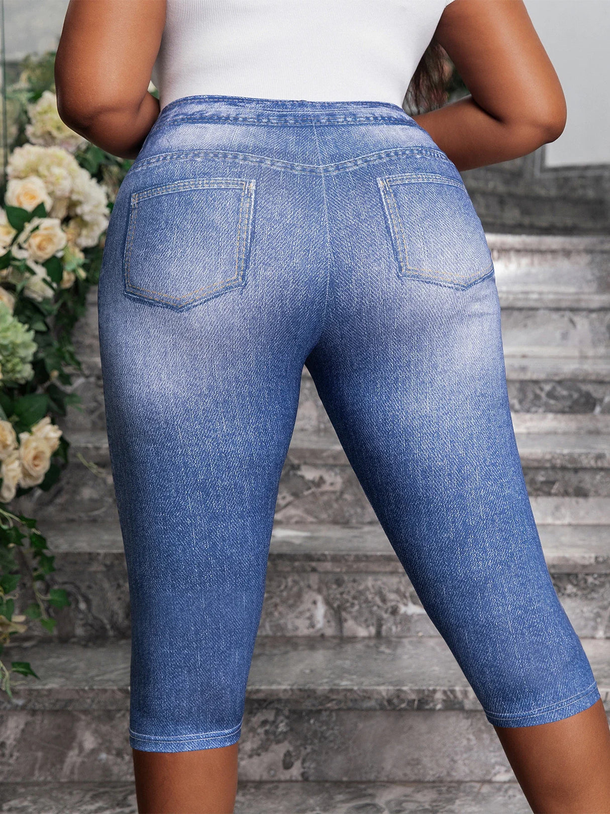 Women Denim Print Capri Leggings