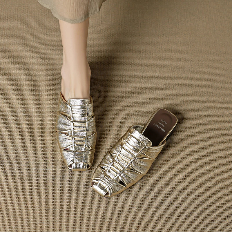 Women Mules Leather Block Heel Sandals