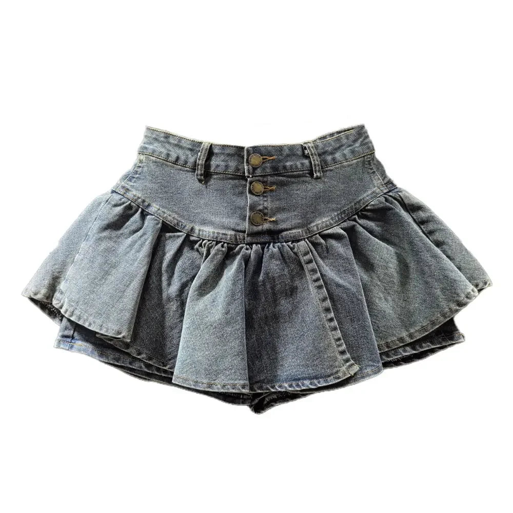 PuffyBelt™ – Puffy Layered Denim Skirt (Black A-line, High Waist)