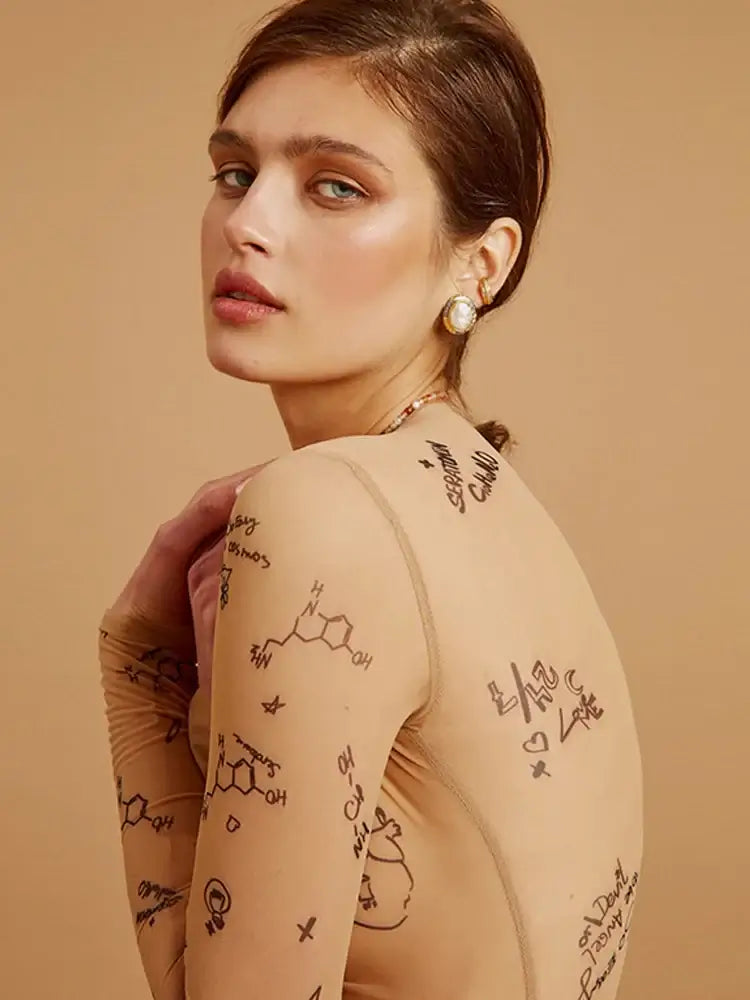 Women Slim Long Sleeve Print Bodysuit