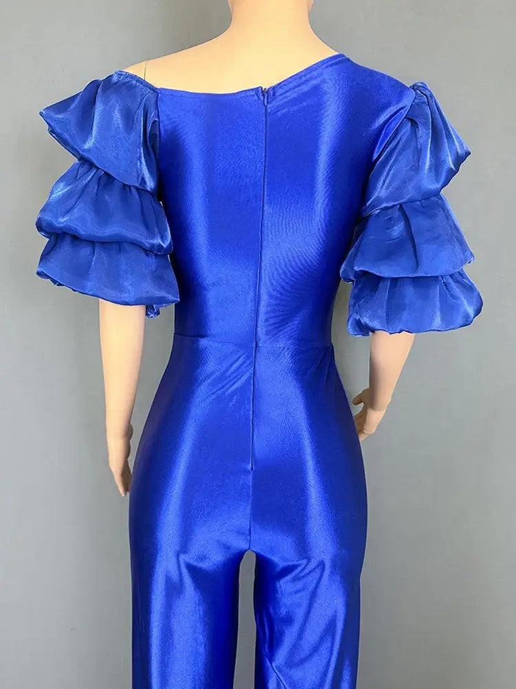 Women Satin Puff Sleeve Party Jumpsuit