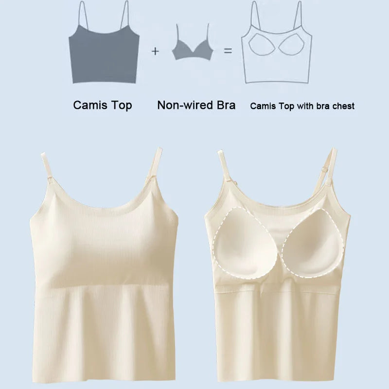 BraChic™ Ice Silk Cami, built-in bra design, showcasing non-wired support and adjustable straps for women.