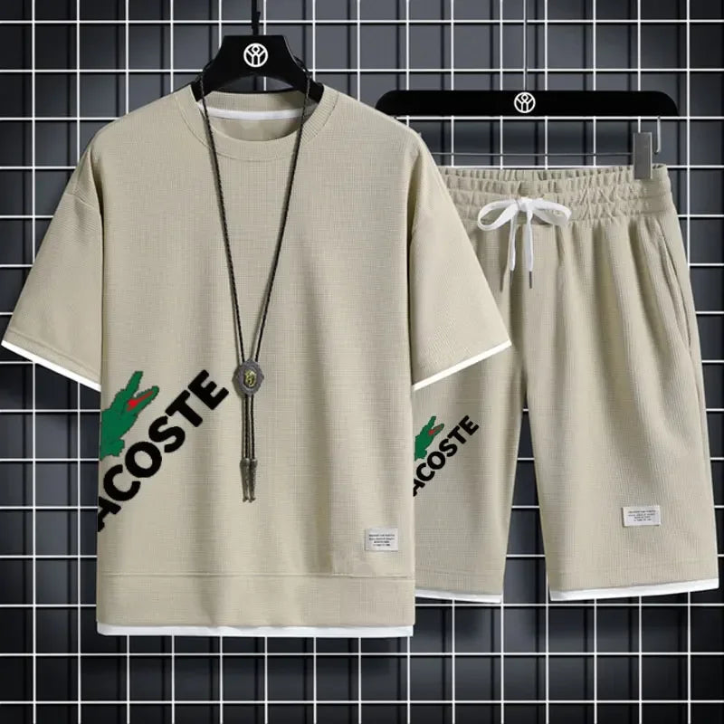 Men Waffle Print Shorts Set