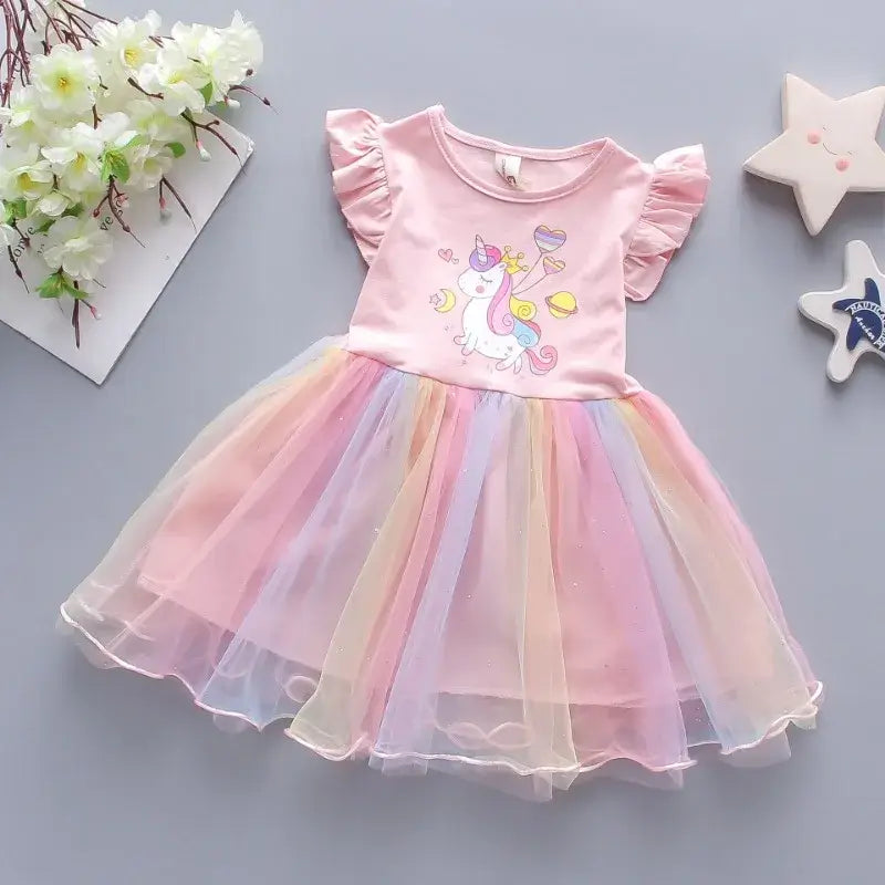 New summer unicorn princess dress for baby girls, featuring colorful tulle and cute cartoon design, ideal for parties.